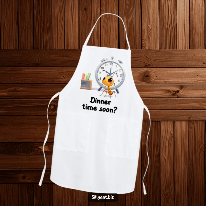 Funny Ant Clock Watcher Apron: An apron featuring a cute ant character looking up at a large office clock.