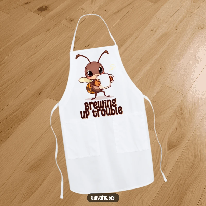 Funny Busy Ant Coffee Apron: An apron featuring a busy ant carrying a tiny steaming coffee mug.