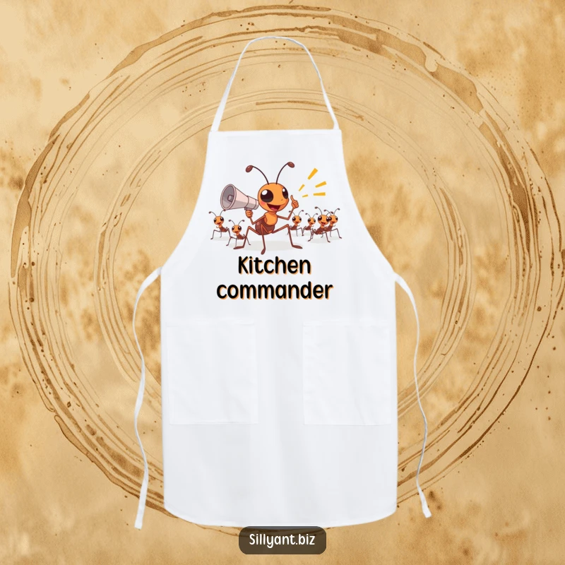 Funny Apron: An ant boss excitedly uses a tiny megaphone to direct other ants.