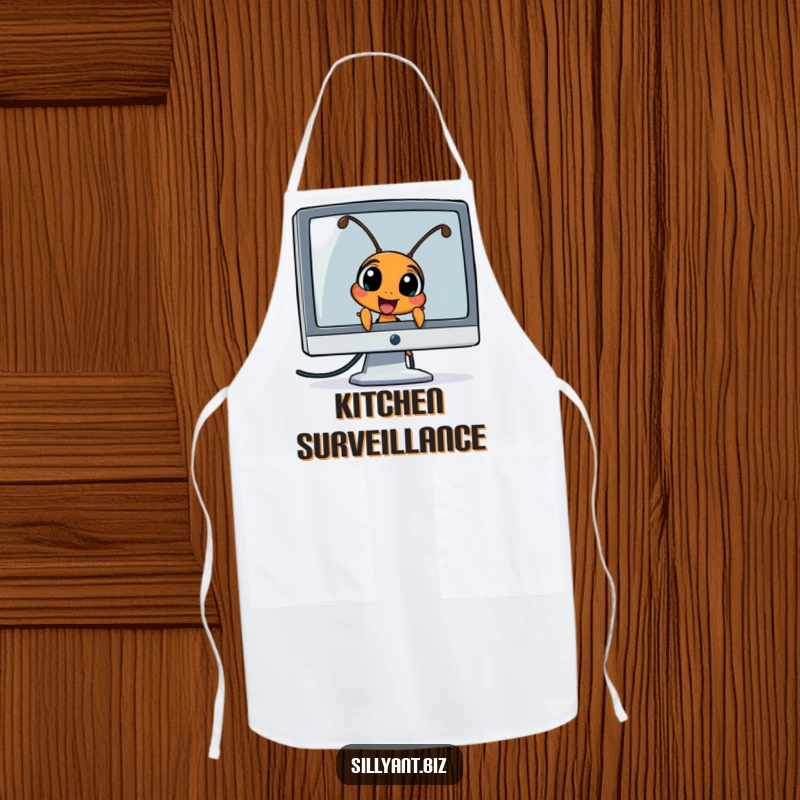Funny Ant Peeking Apron: An apron featuring an ant character peeking curiously from behind a computer monitor illustration.