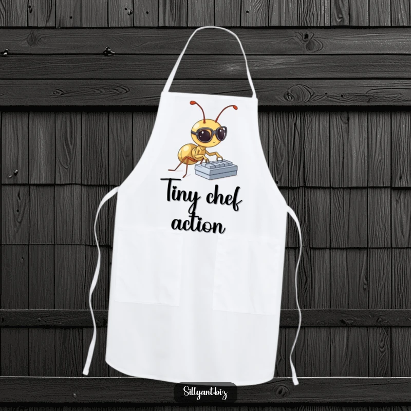 Funny Apron: A tiny ant with spectacles types furiously on a miniature keyboard.