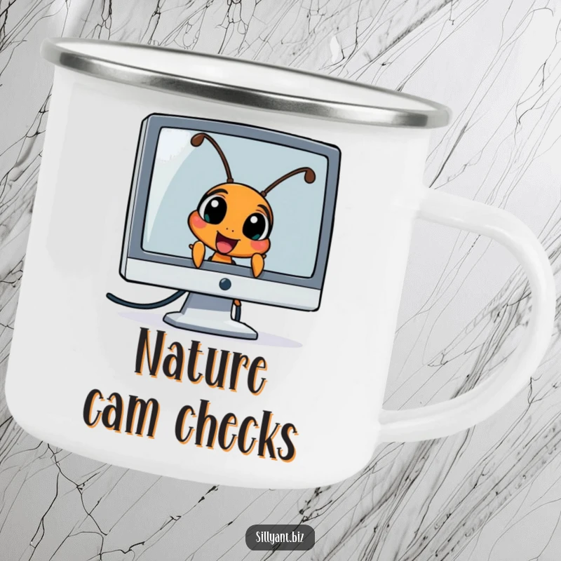 Funny Ant Peeking Camp Mug: A durable camp mug featuring an ant character peeking excitedly from behind a computer monitor.
