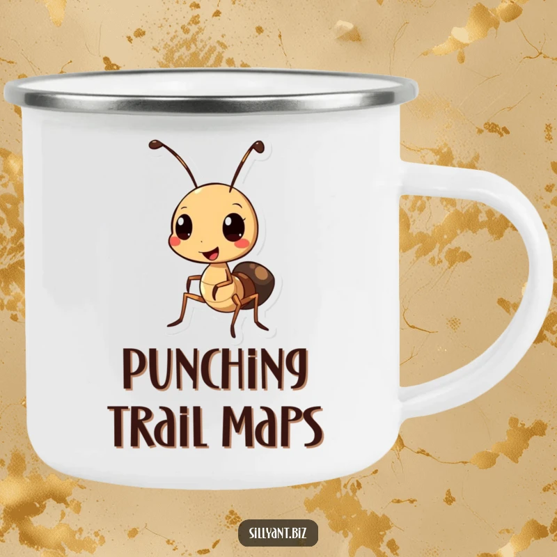 Funny Ant Hole Punch Camp Mug: A durable camp mug with a cheerful ant using a miniature hole punch.