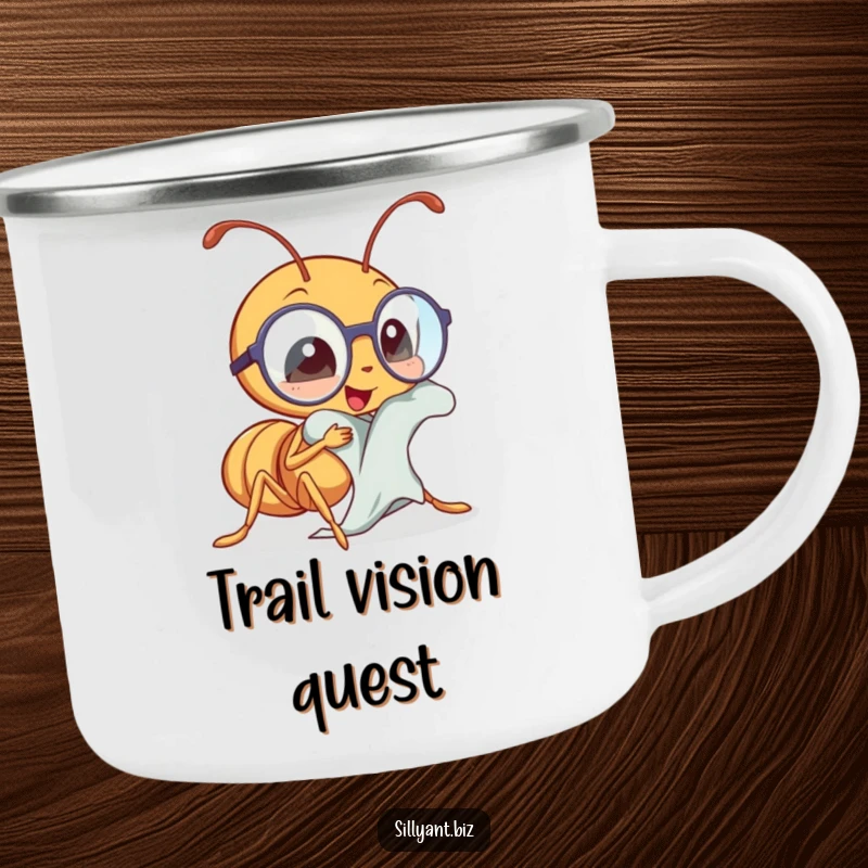 Funny ant polishing tiny spectacles with a cloth, a humorous camping mug.