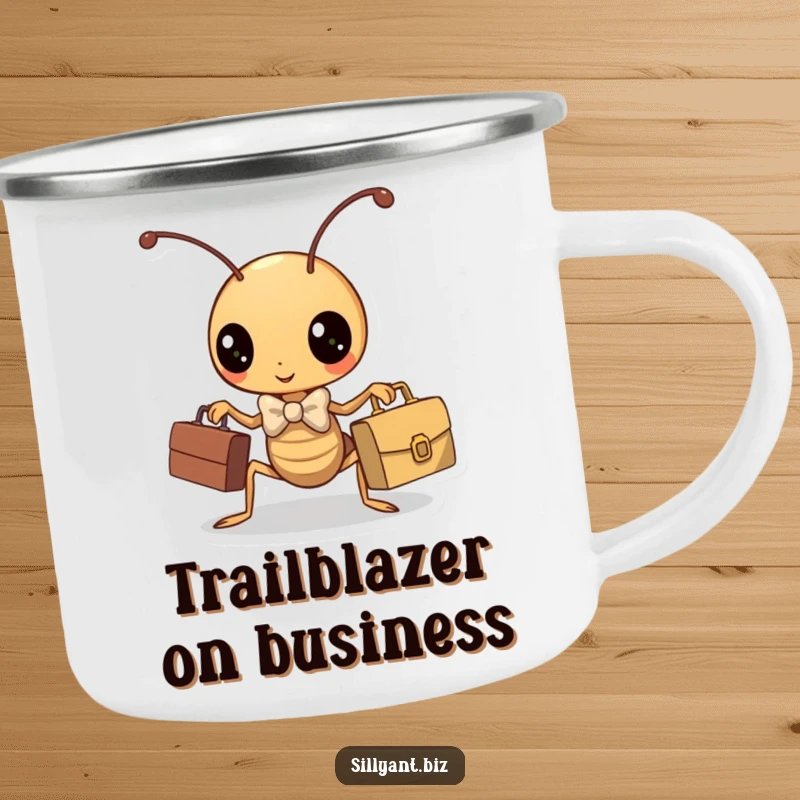 Funny ant in a bowtie with a tiny briefcase, a humorous camping mug.