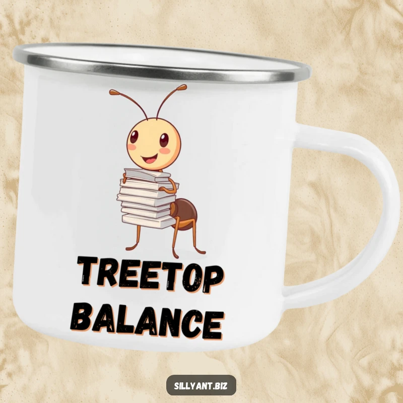 Funny Camping Mug: A cheerful ant balances a stack of papers with one antenna.
