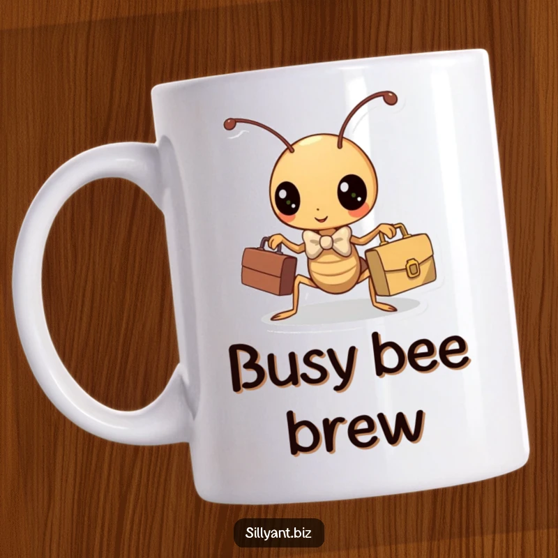Funny kawaii ant in a bowtie holding a tiny briefcase, a humorous business-themed mug.