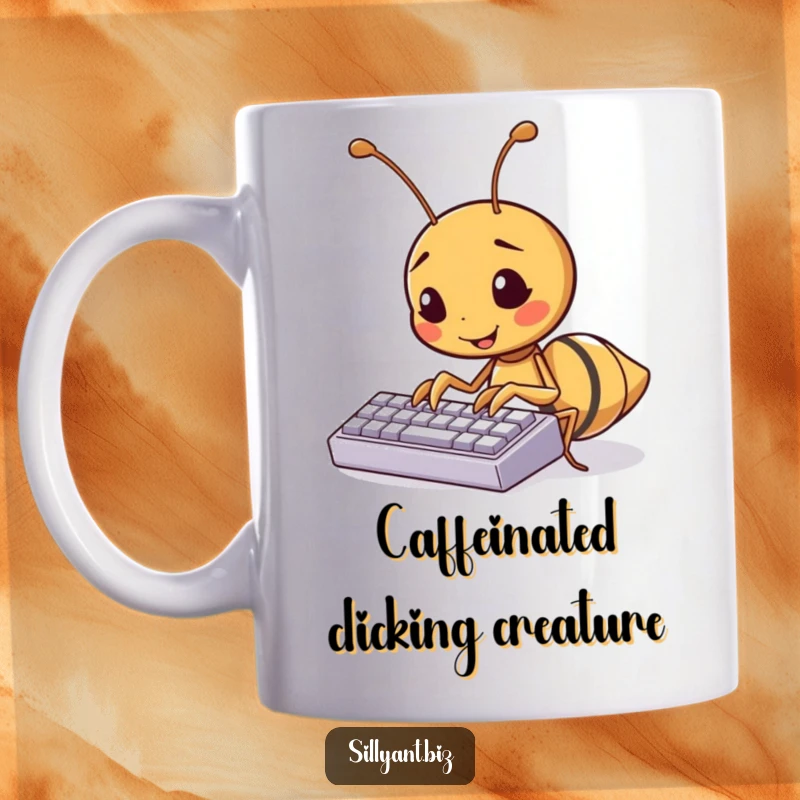 Funny kawaii ant character excitedly typing on a tiny keyboard, a humorous mug for tech lovers.