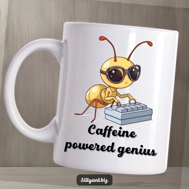 Funny Mug: A small ant wearing spectacles types furiously on a tiny keyboard, symbolizing hard work.