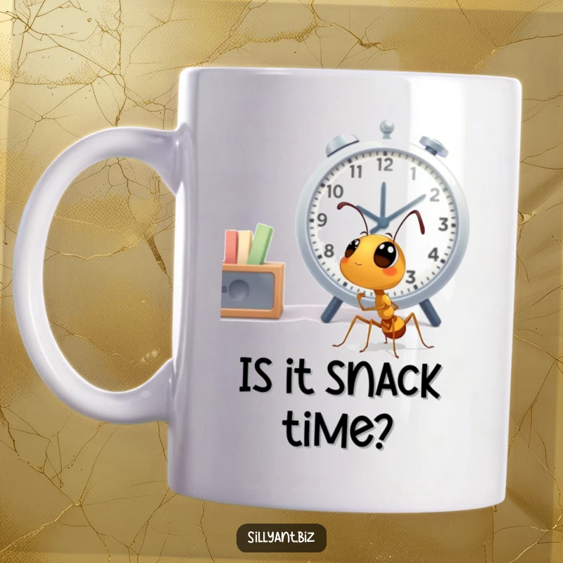 Funny Ant Office Clock Mug: A cute ant character gazing up at a large office clock with wide, questioning eyes.
