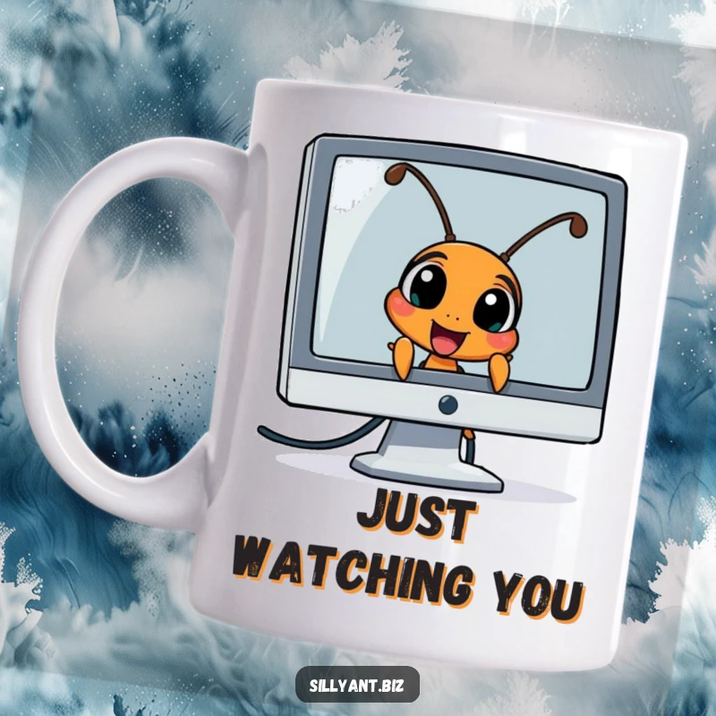 Funny Ant Computer Mug: An excited ant character peeking curiously from behind a computer monitor, full of playful mischief.