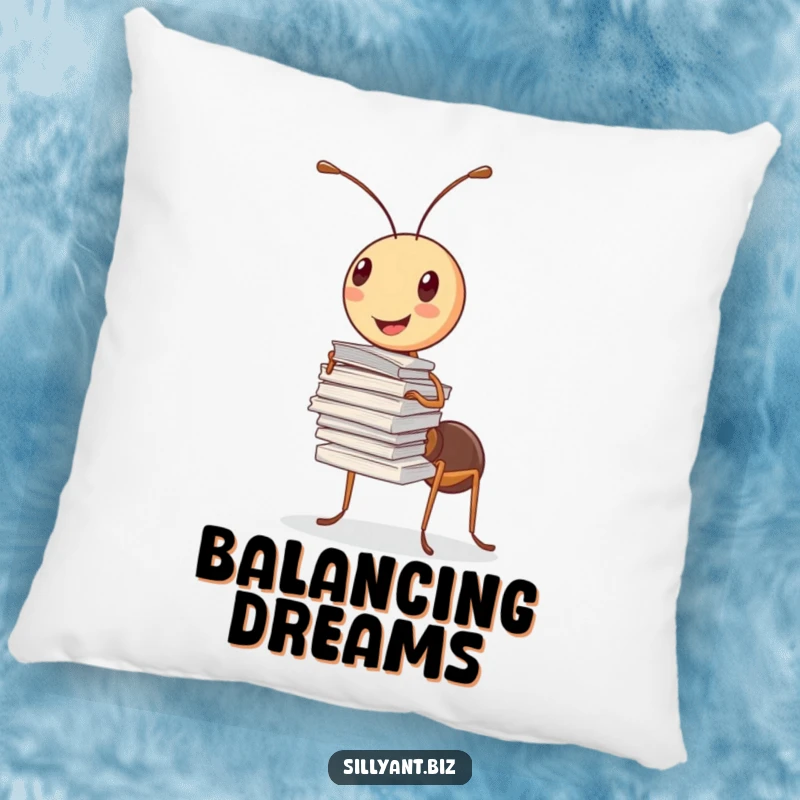 Funny Pillow: A cheerful ant balances a stack of papers with one antenna.
