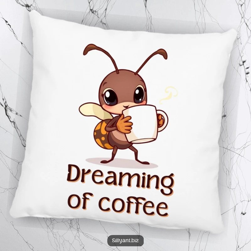 Funny Busy Ant Coffee Pillow: A decorative pillow featuring a busy ant carrying a tiny coffee mug with steam.