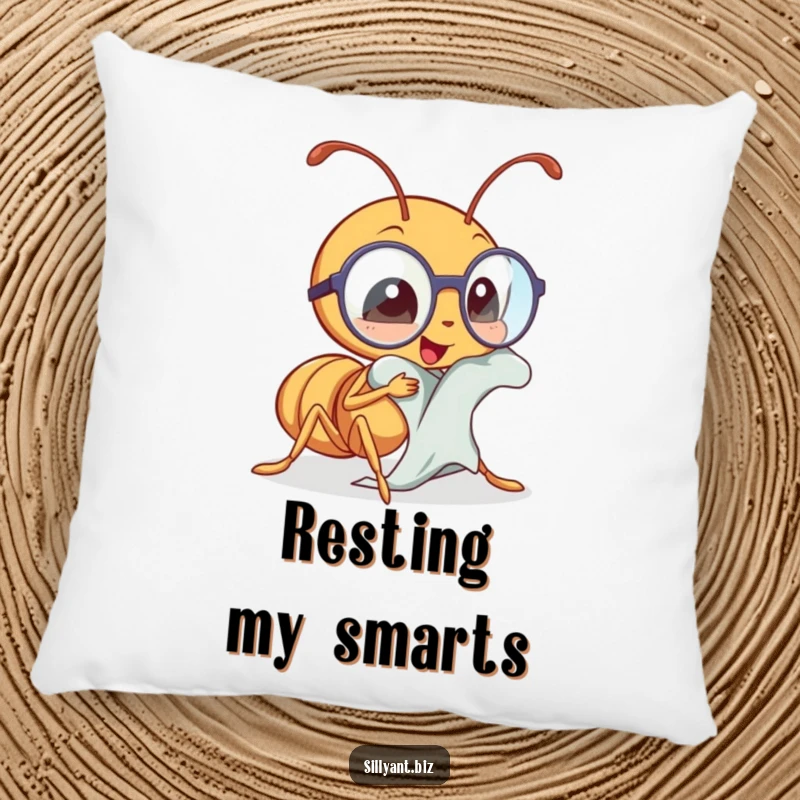 Funny kawaii ant polishing tiny spectacles, a soft and humorous throw pillow.