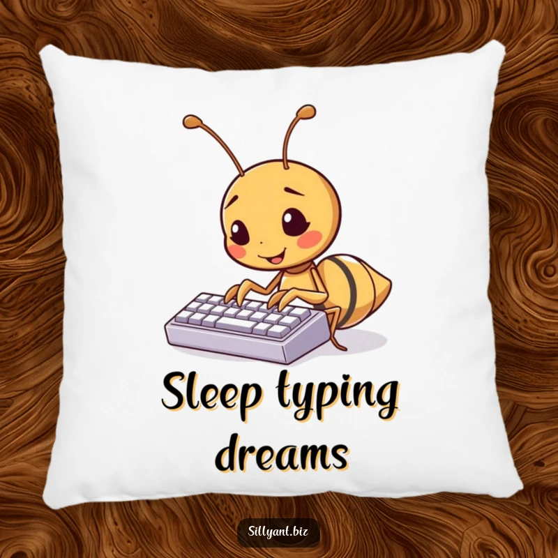 Funny kawaii ant typing on a tiny keyboard, a soft and humorous throw pillow.