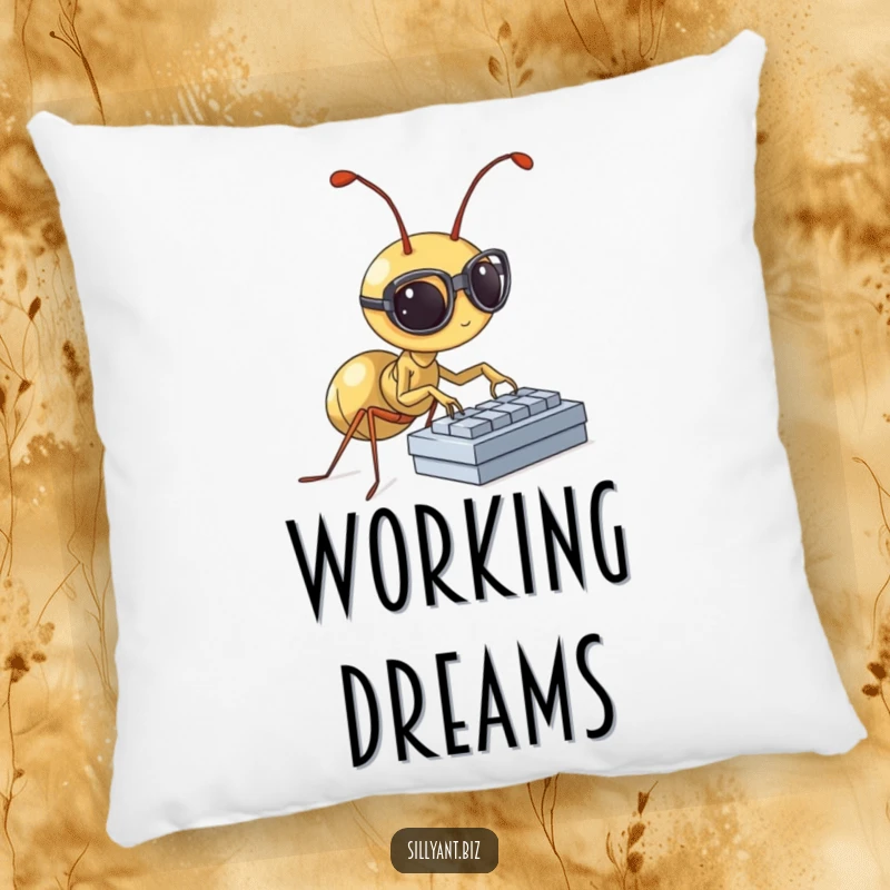 Funny Pillow: A tiny ant wearing glasses types diligently on a miniature keyboard.