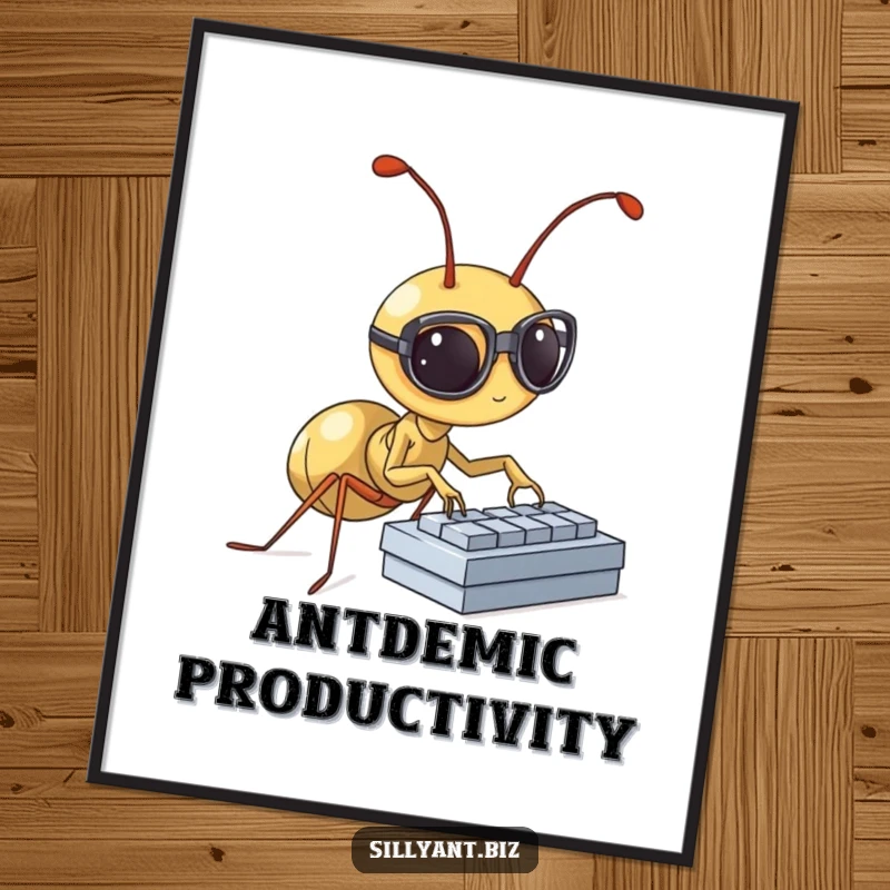 Digital art print of a small ant wearing spectacles, typing rapidly on a tiny keyboard.