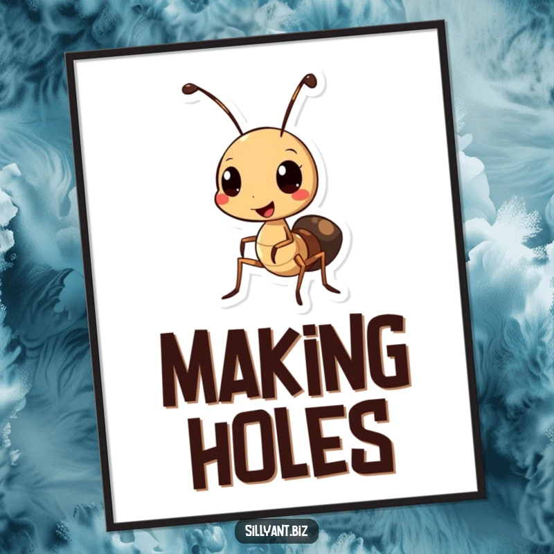 Funny Ant Hole Punch Digital Art: Printable art of a cheerful ant using a miniature hole punch.