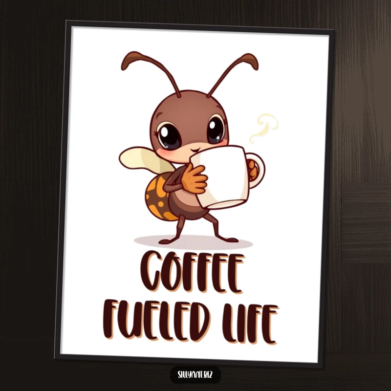 Funny Busy Ant Coffee Digital Art: Printable art of a busy ant carrying a tiny steaming coffee mug.
