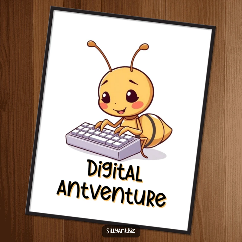 Funny kawaii ant character typing on a tiny keyboard, humorous wall art.