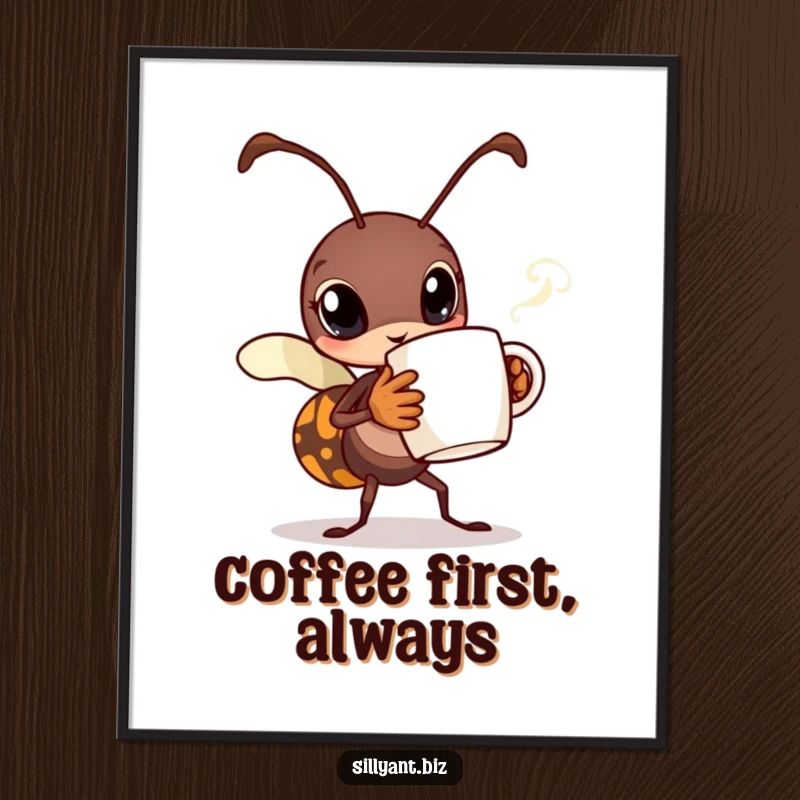 Funny Busy Ant Coffee Poster: Wall art of a busy ant character carrying a tiny steaming coffee mug, symbolizing morning energy.