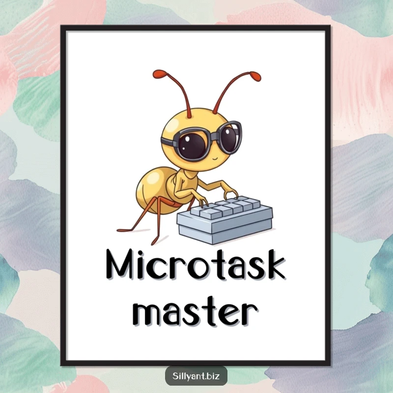 Funny Poster: A studious ant with spectacles types intensely on a miniature keyboard.