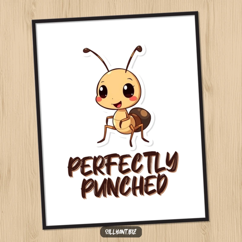 Funny Ant Hole Punch Poster: Wall art of a cheerful ant character busily using a miniature hole punch, adding office charm.