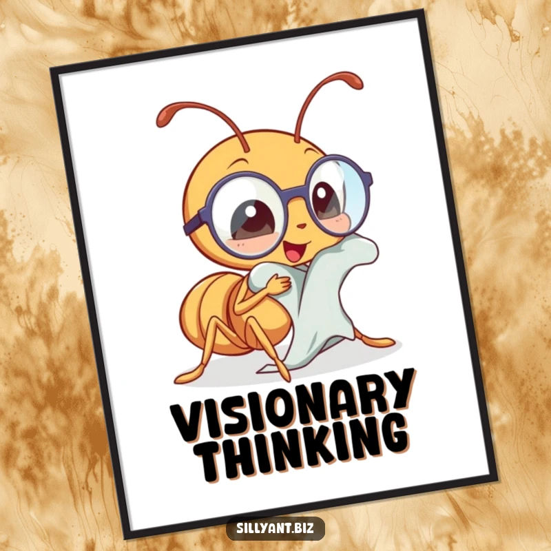 Funny kawaii ant polishing tiny spectacles with a cloth, humorous wall art.
