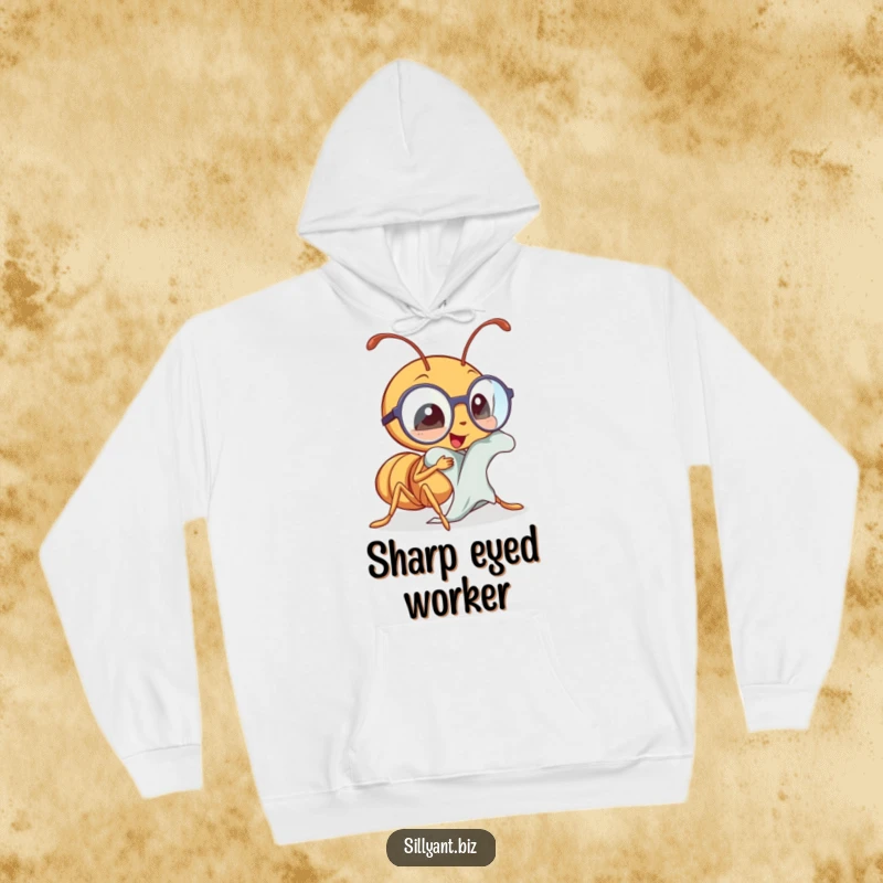 Funny kawaii ant polishing tiny spectacles, a cozy and humorous hoodie for the focused.
