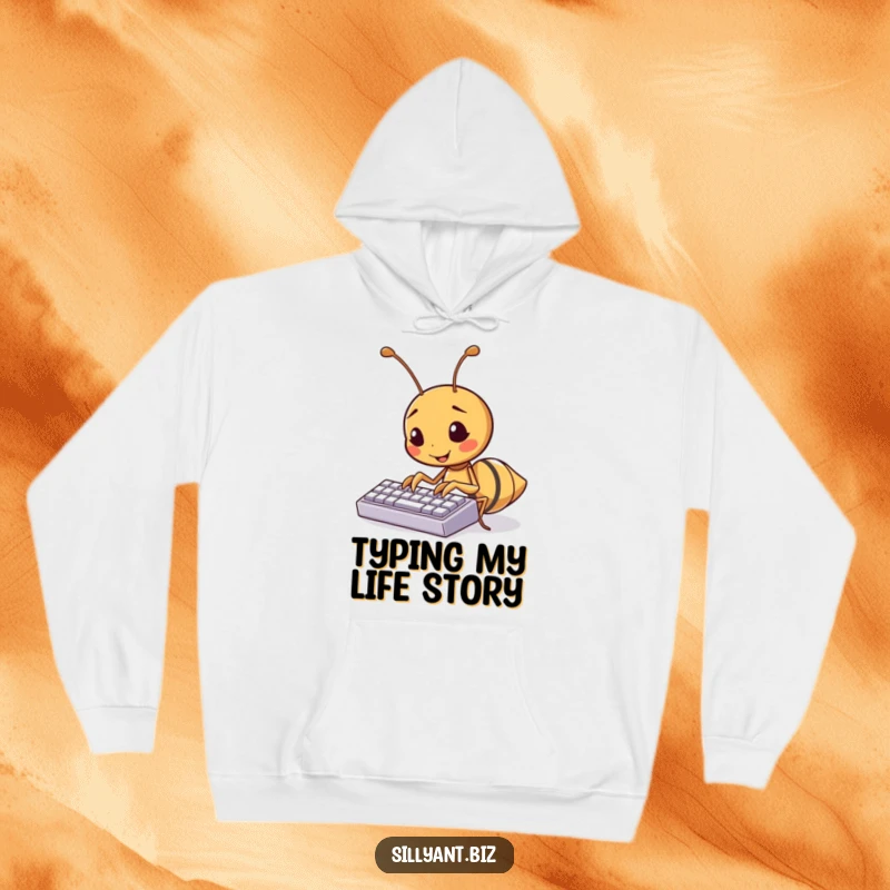 Funny kawaii ant typing excitedly on a miniature keyboard, a cozy and humorous hoodie.