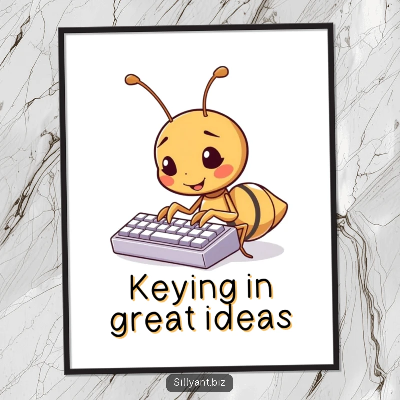 Funny Free Printable Wall Art: A kawaii ant energetically typing on a tiny keyboard, embodying productivity and focus. Office humor.