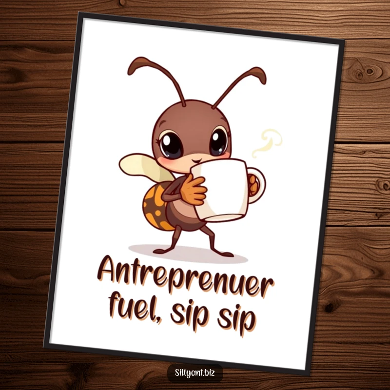 Humorous Free Printable Wall Art: An ant character carrying a tiny coffee mug with swirling steam, perfect for coffee lovers.