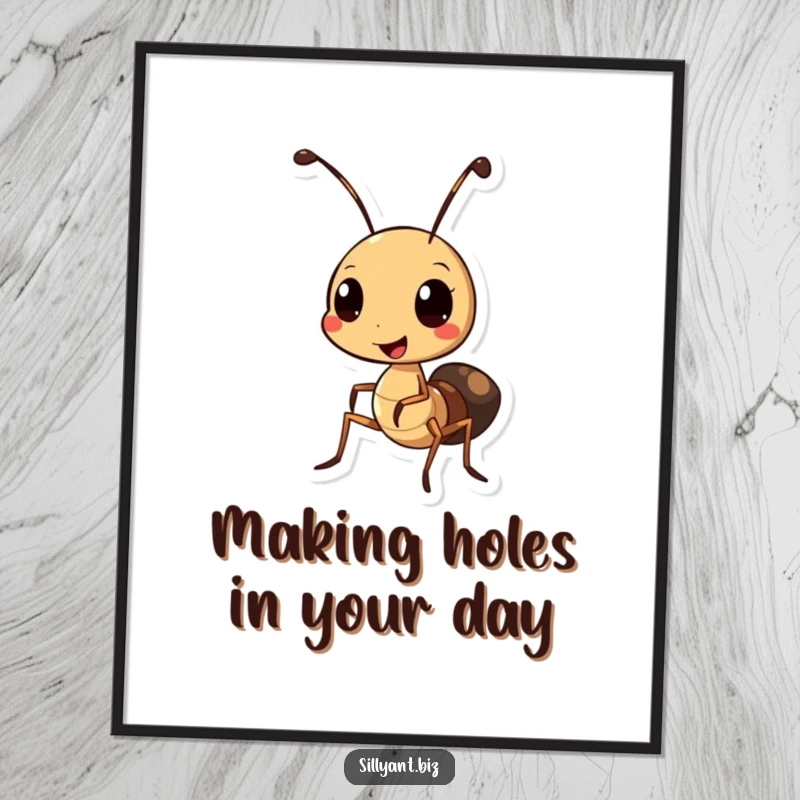 Humorous Free Printable Wall Art: A cheerful ant character using a miniature hole punch, bringing office humor to decor.