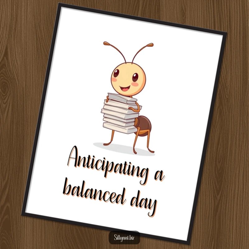 Whimsical Free Printable Wall Art: Cheerful ant balances a huge stack of papers with just one antenna, downloadable art.