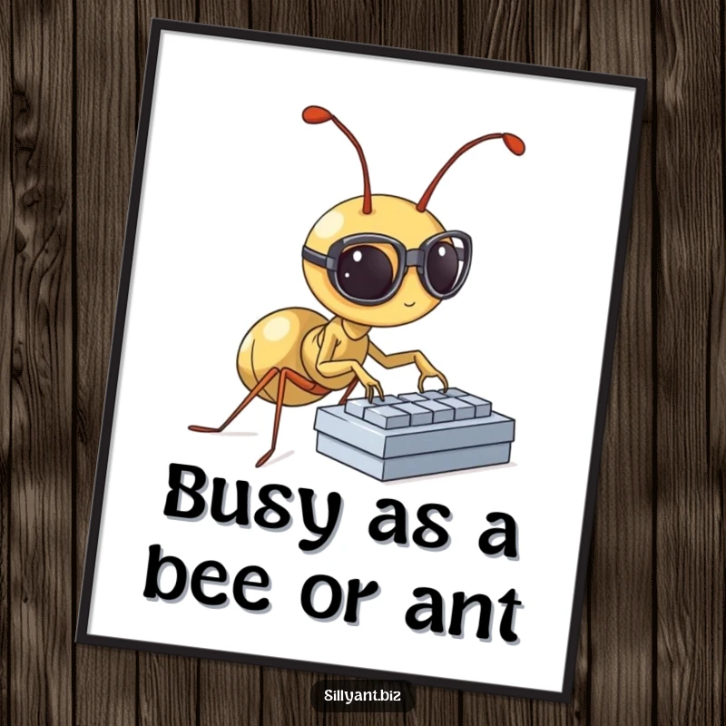 Quirky Free Printable Wall Art: Tiny ant in spectacles types fast on a miniature keyboard, humorous downloadable art.