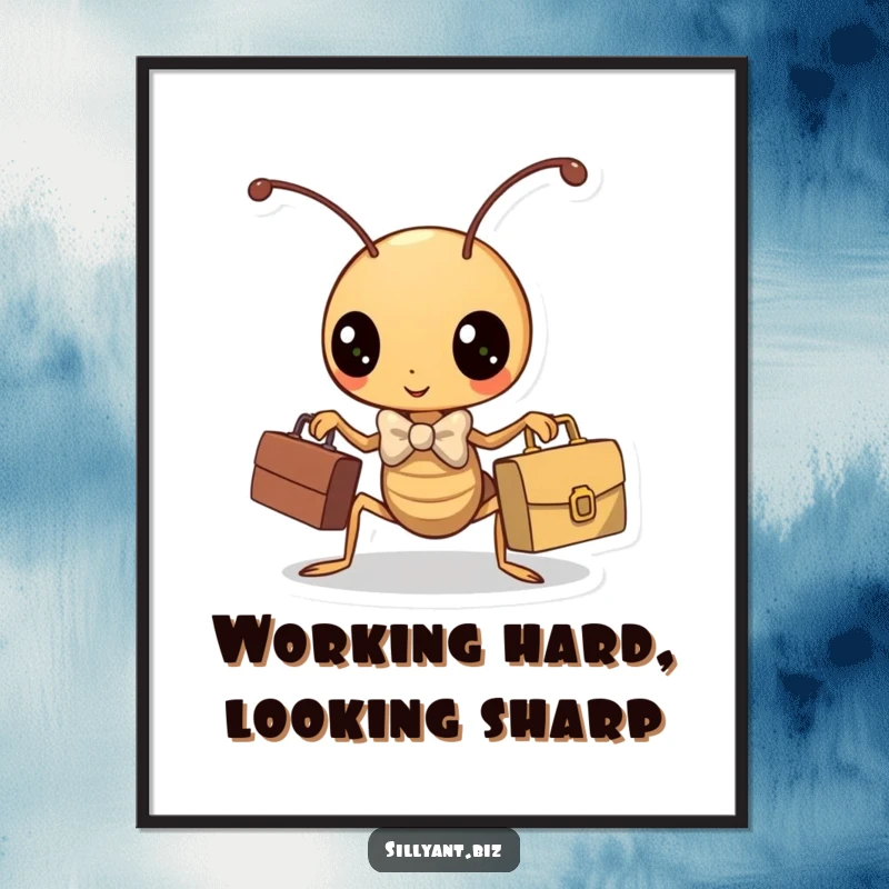 Funny Free Printable Wall Art: A kawaii ant wearing a bowtie and holding a briefcase, ready for corporate endeavors. Business humor.