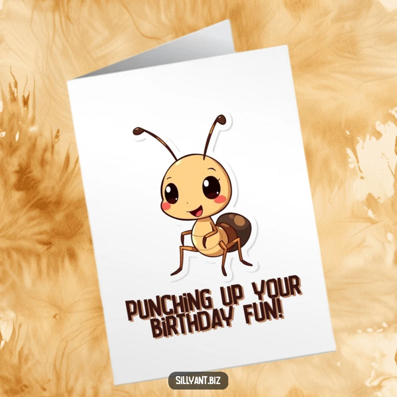 Funny Free Printable Birthday Card: Cheerful ant using a mini hole punch, celebrating a birthday with downloadable humor.