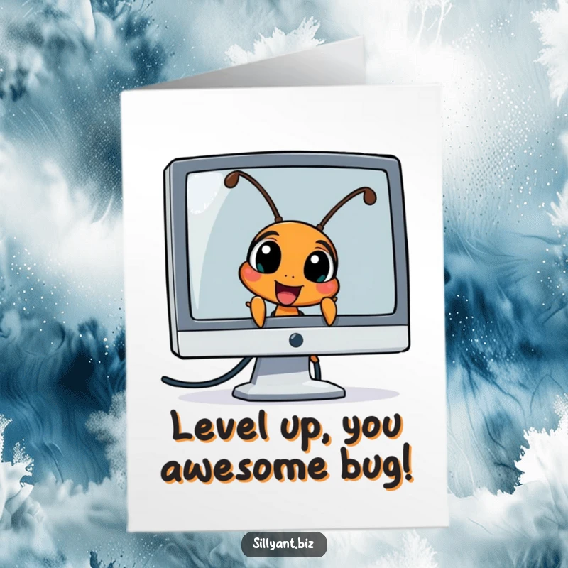 Funny Free Printable Birthday Card: Ant excitedly peeking from behind a computer monitor, celebrating with a downloadable design.