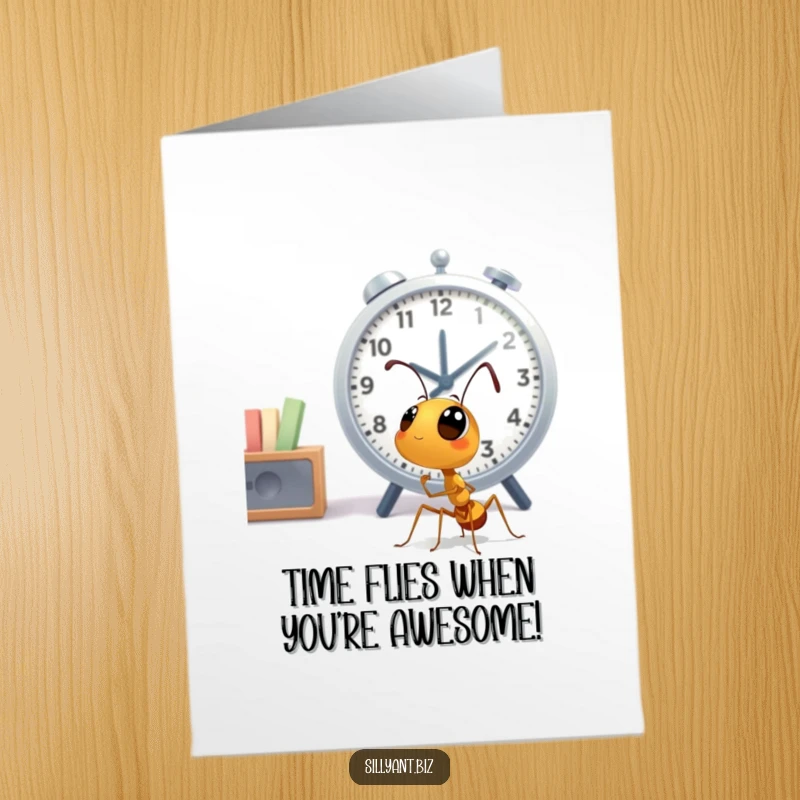Funny Free Printable Birthday Card: Cute ant with wide eyes looking at a large office clock, waiting for birthday fun.
