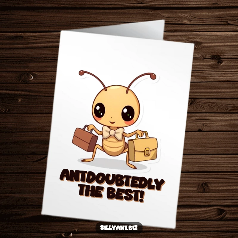 Funny Free Printable Congratulations Card: A kawaii ant in a bowtie, briefcase in hand, symbolizing professional success. Smart achievement.