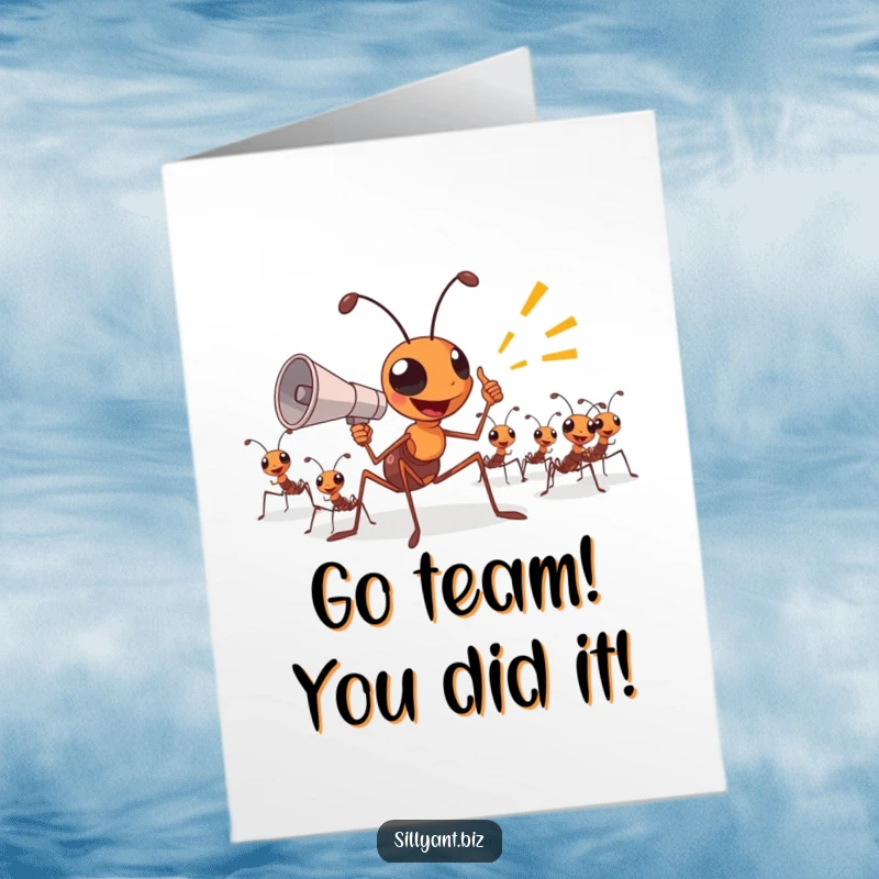 Energetic Free Printable Congratulations Card: Ant boss with megaphone rallies workers, a downloadable gift for great leadership.