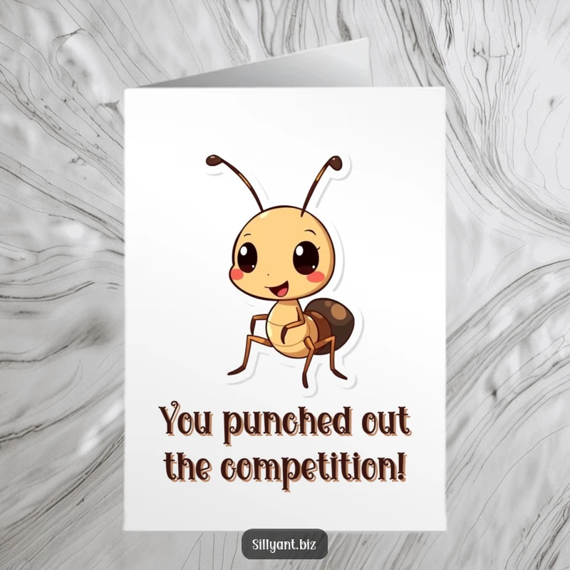 Free Printable Congratulations Card: A cheerful ant character using a miniature hole punch, celebrating achievements with precision.