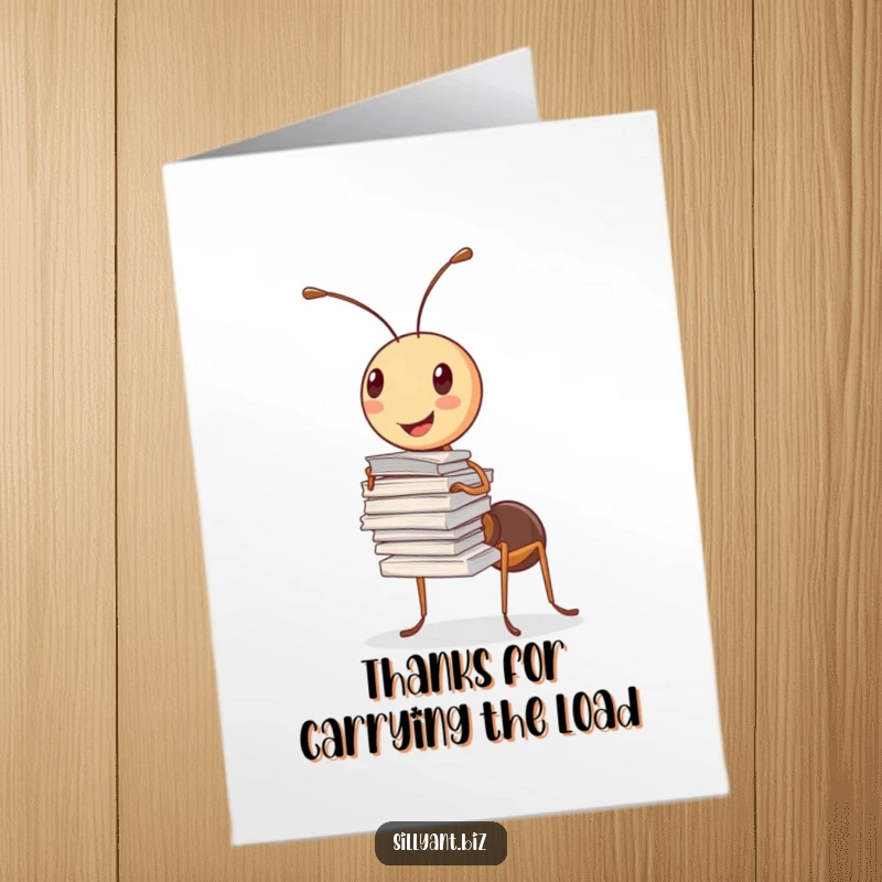 Amusing Free Printable Thank You Card: A cheerful ant precariously balances papers with one antenna, a downloadable thank you.