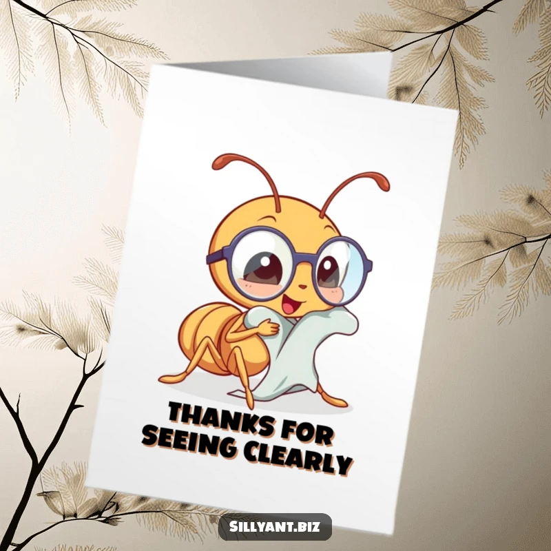 Funny Free Printable Thank You Card: A kawaii ant carefully polishing tiny spectacles, showing focused appreciation. Diligent thanks.