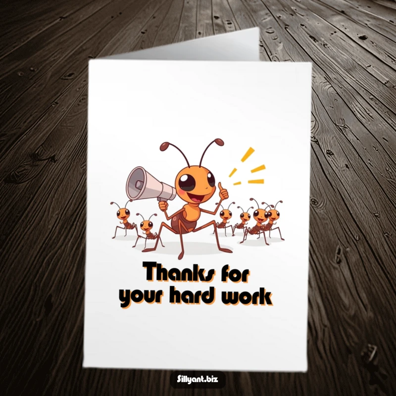 Directive Free Printable Thank You Card: Ant leader with megaphone directs workers, a downloadable thank you for guidance.