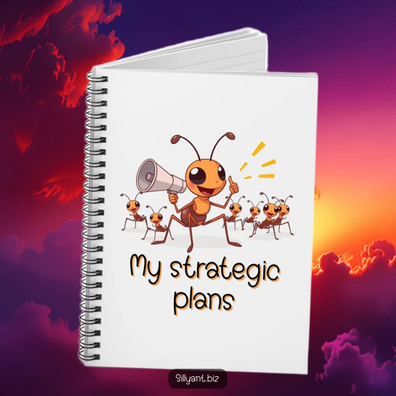 Funny Notebook: An ant boss uses a megaphone to excitedly direct other ants.