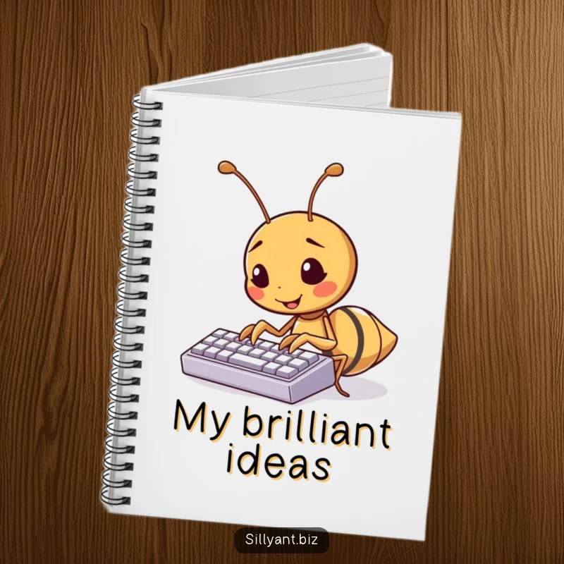 Funny kawaii ant character typing on a tiny keyboard, a humorous and useful notebook.