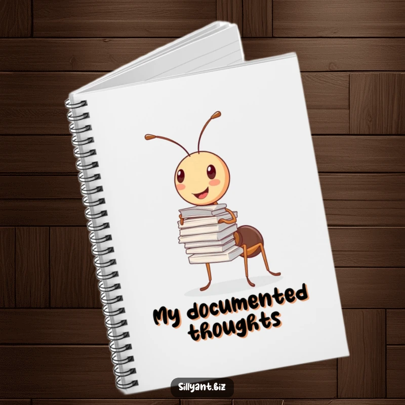 Funny Notebook: A cheerful ant balances a stack of papers with one antenna.