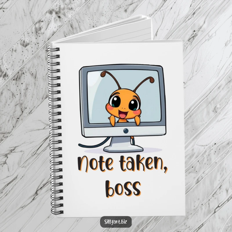 Funny Ant Peeking Notebook: A notebook with an ant character peeking excitedly from behind a computer monitor.