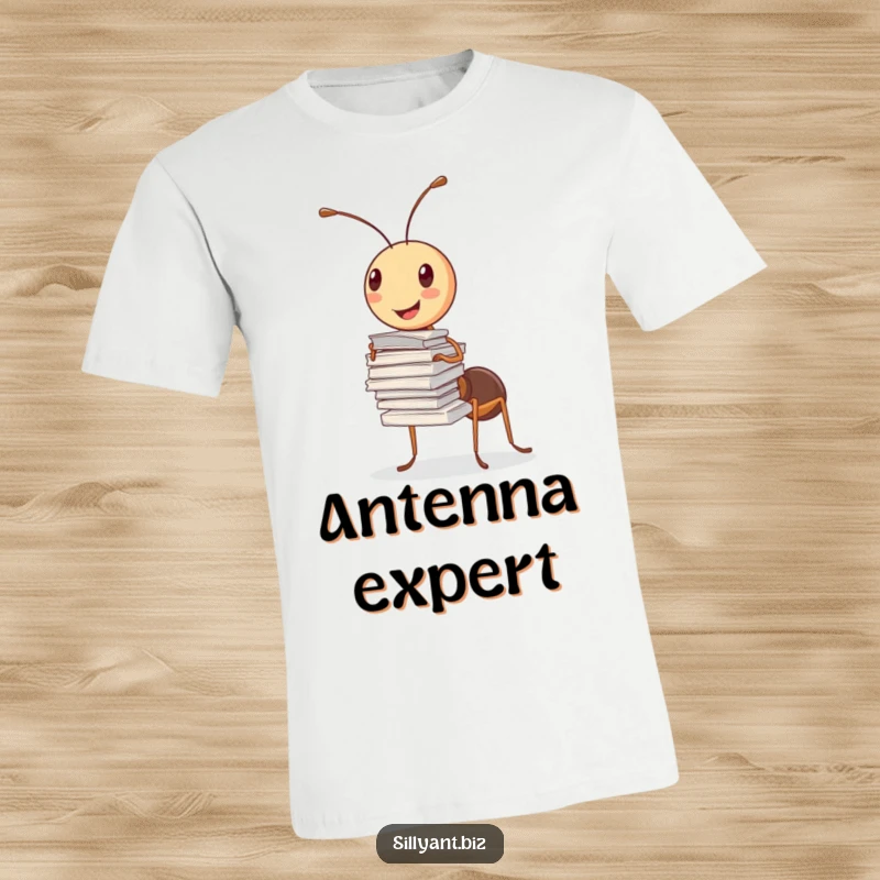 Funny T-Shirt: A cheerful ant precariously balances a large stack of papers with one antenna.